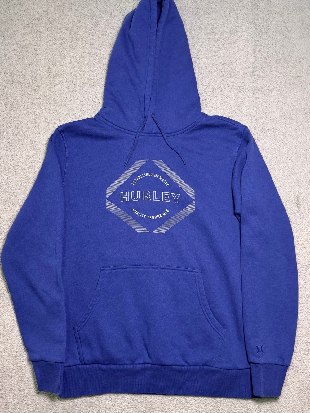 Hurley Graphic Pullover Hoodie Men’s Medium Navy Blue Surf Fleece Sweatshirt